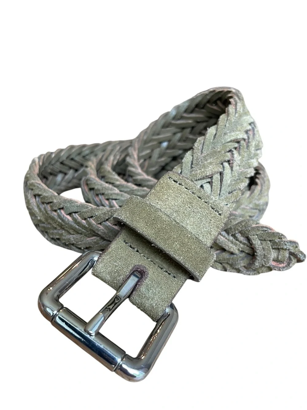 Banana Republic BR Men's L Belt Tan Green Suede Leather Braided Woven Italy
